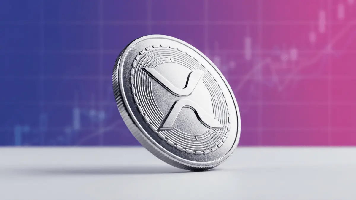 XRP cryptocurrency coin with purple magenta gradient and grid overlay background