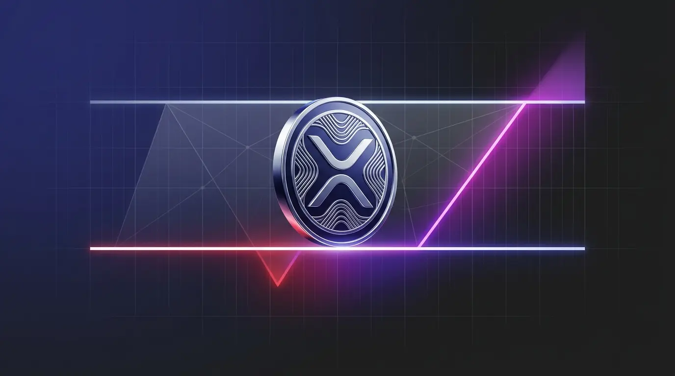 XRP-inspired token balancing on a glowing $1 support level with potential upside and downside pressure