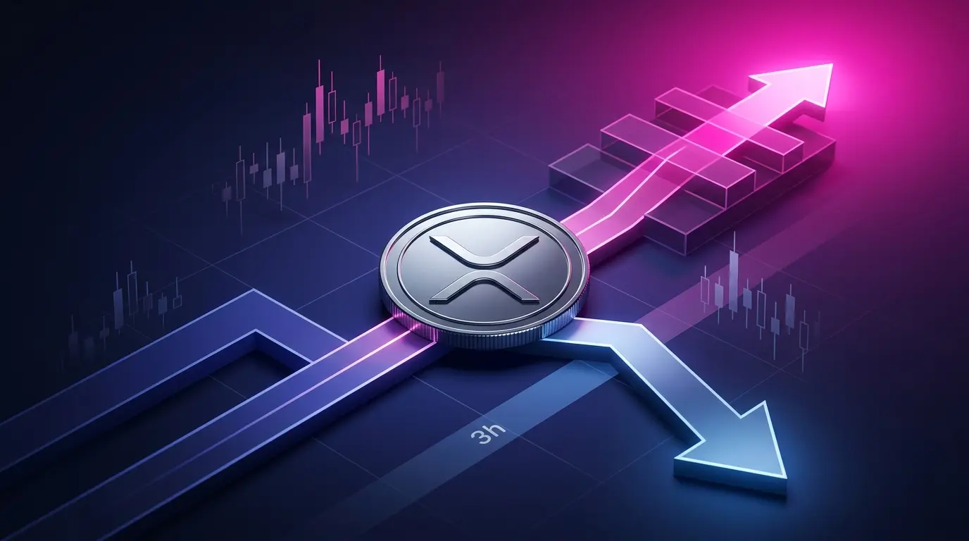 XRP-inspired coin at a market-chart crossroads showing conflicting bullish and bearish outlooks
