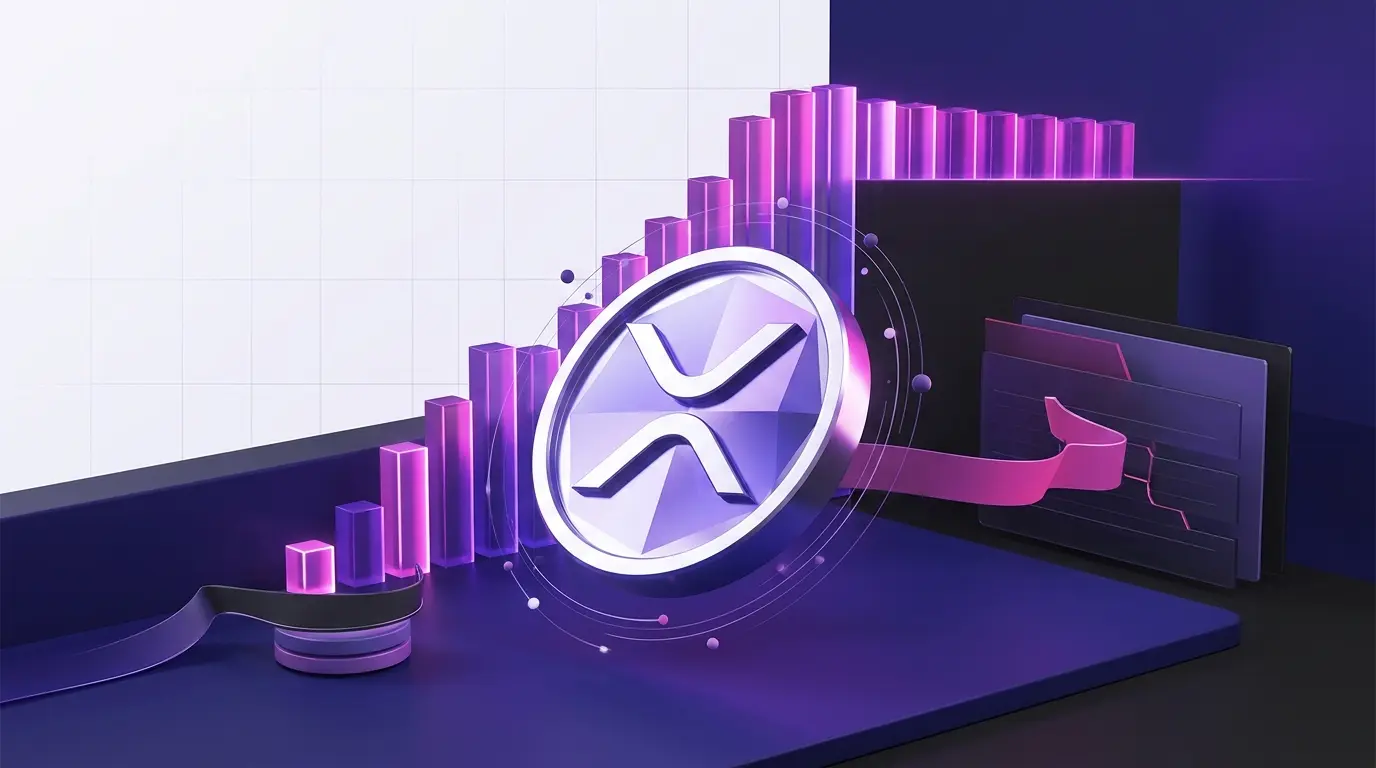 Abstract XRP token rising through a crypto market grid with magenta momentum and institutional trading signals