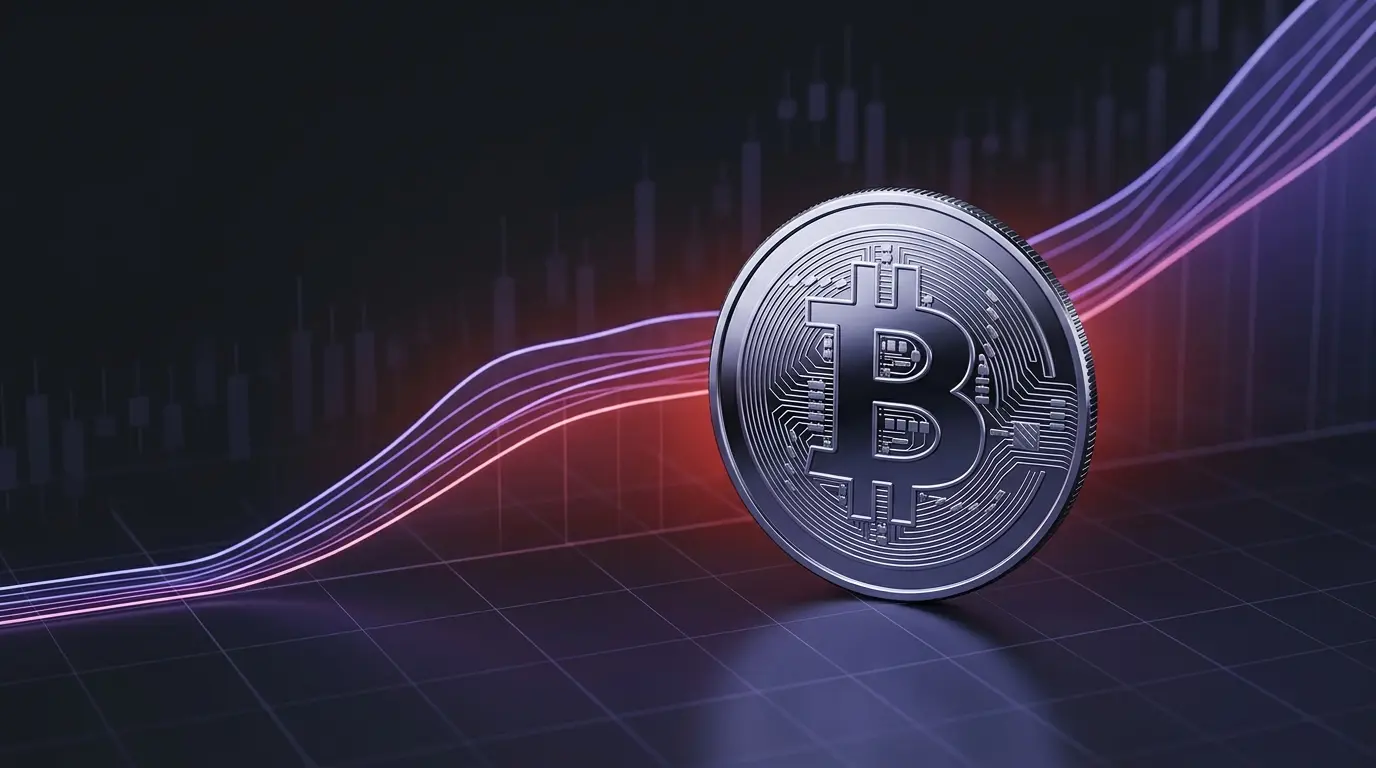 Bitcoin coin against rising Treasury yield lines and a tense purple financial market backdrop