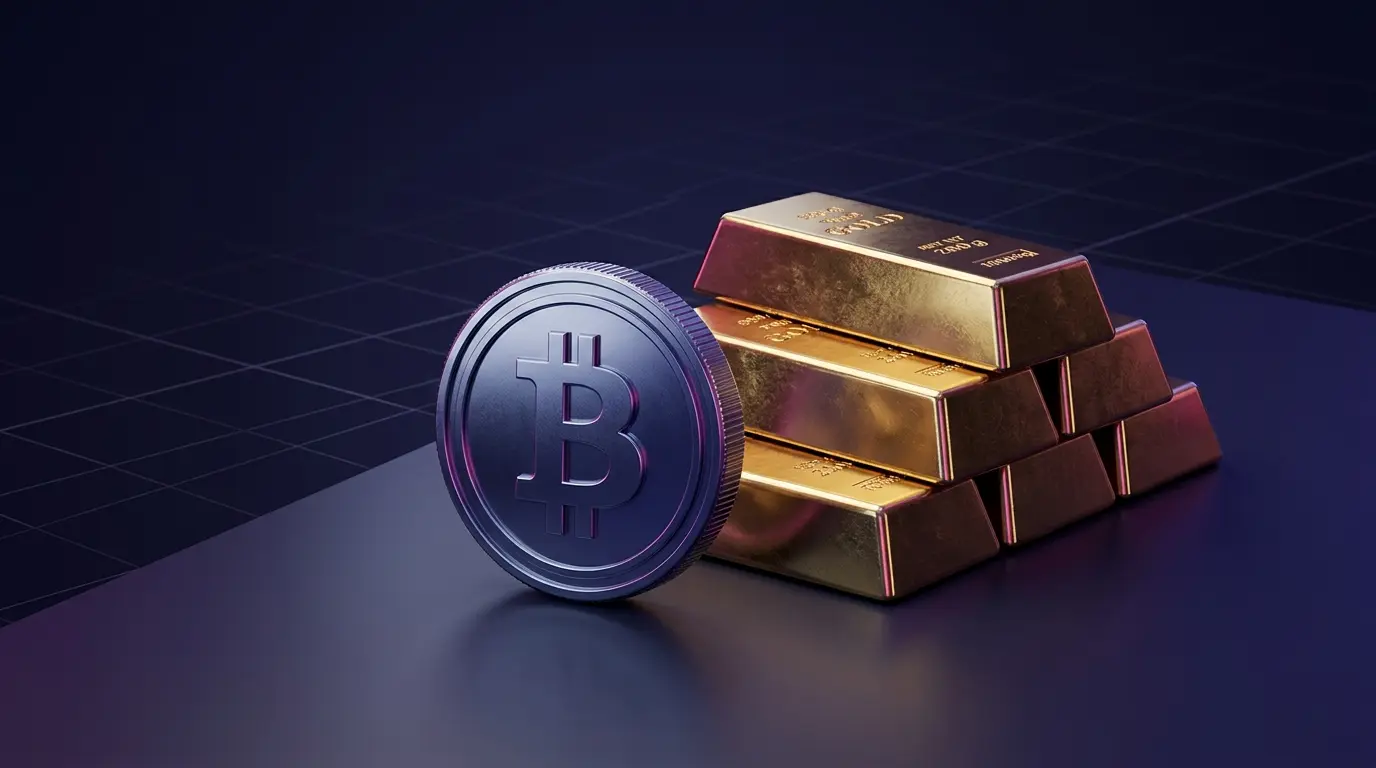 Bitcoin and gold bullion rising together in a polished crypto-finance editorial scene