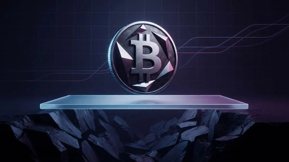 Bitcoin coin holding above a glowing cost-basis floor during a bear market
