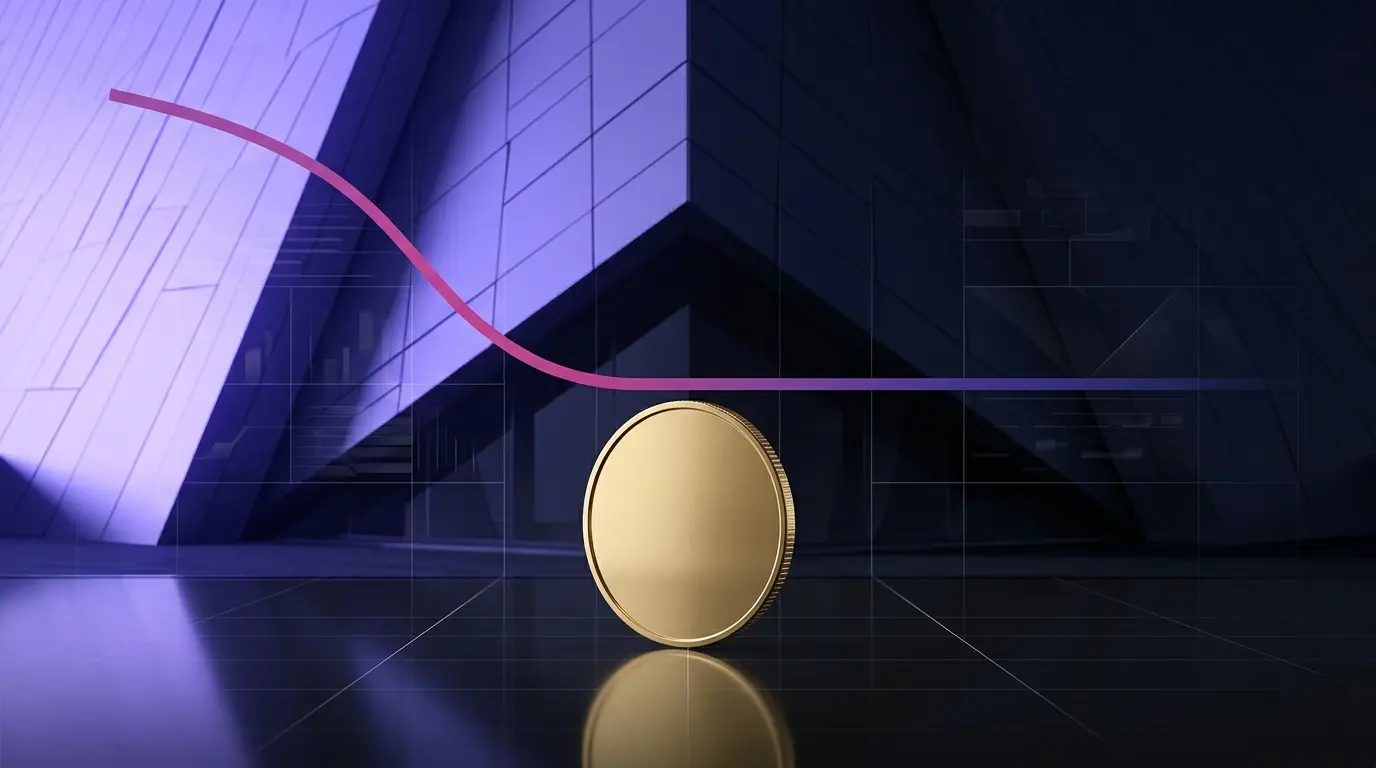 Unmarked gold cryptocurrency coin beside a divided legislative structure in a violet market-news scene
