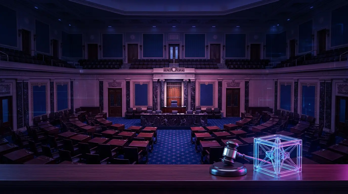 Empty Senate chamber and halted legislative pathway symbolizing the stalled CLARITY Act vote