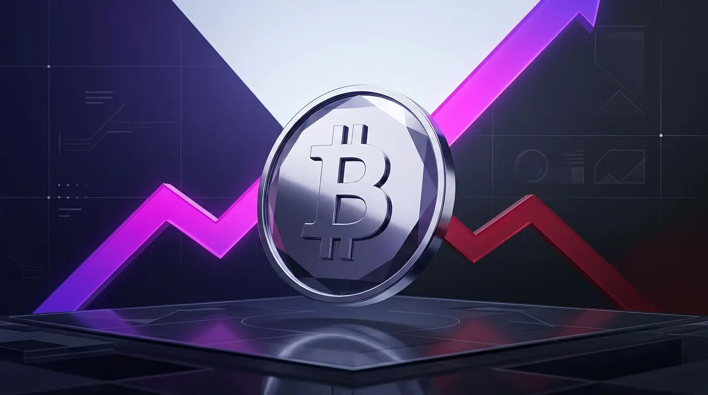 Faceted Bitcoin coin between rising and falling market paths ahead of inflation data