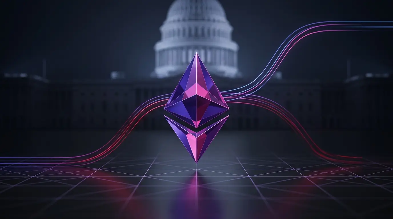 Ethereum crystal above a market grid with regulatory architecture suggesting a potential Clarity Act price catalyst