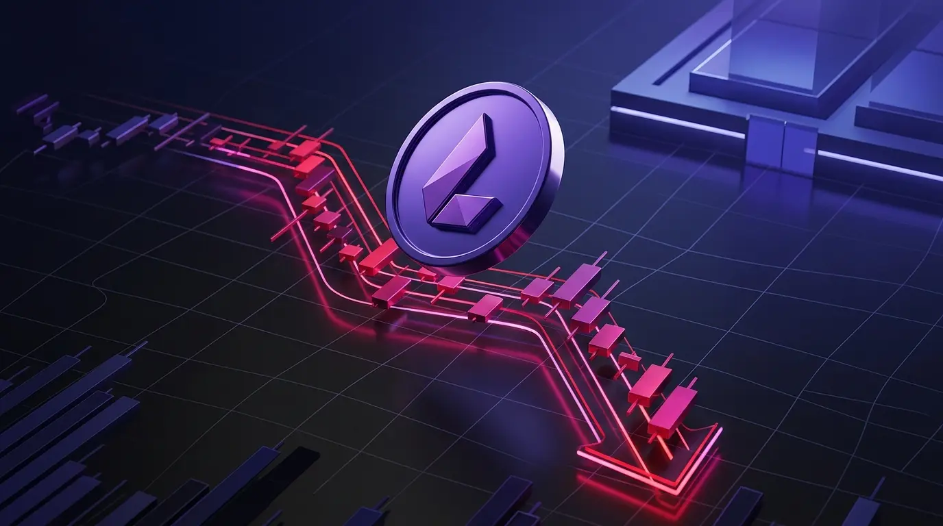 Faceted purple crypto asset plunging through a magenta market grid after a Robinhood-related selloff