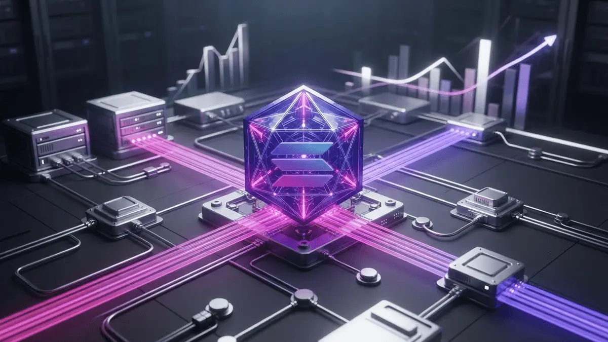 Solana Alpenglow upgrade visualized with validator nodes, rapid network pathways, and bullish market momentum