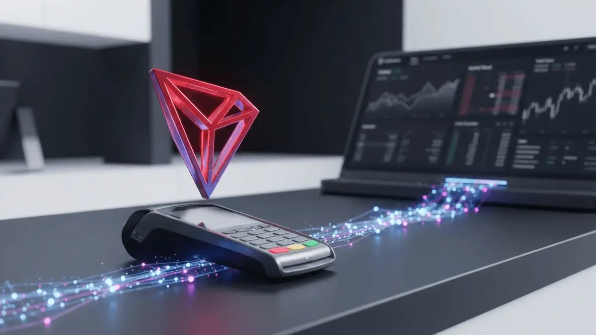 Abstract TRON-inspired token linking stablecoin payments with institutional crypto trading access