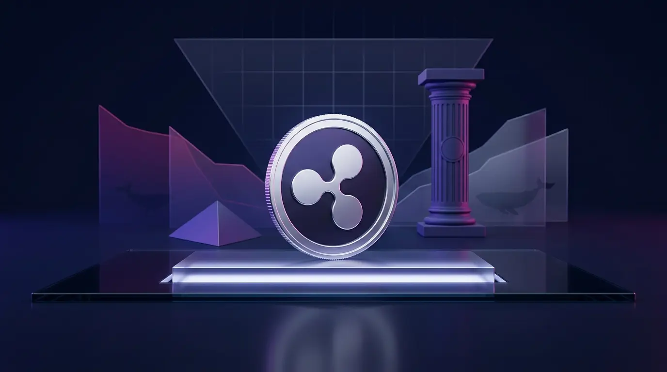 XRP-inspired coin above a glowing support zone with regulatory and liquidity signals converging