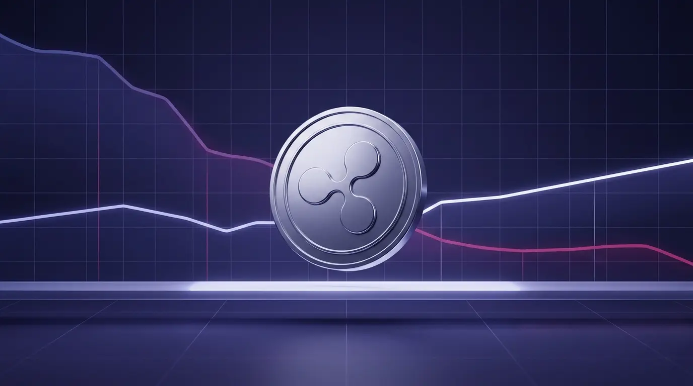 XRP-inspired coin holding above a glowing support platform as derivatives leverage resets