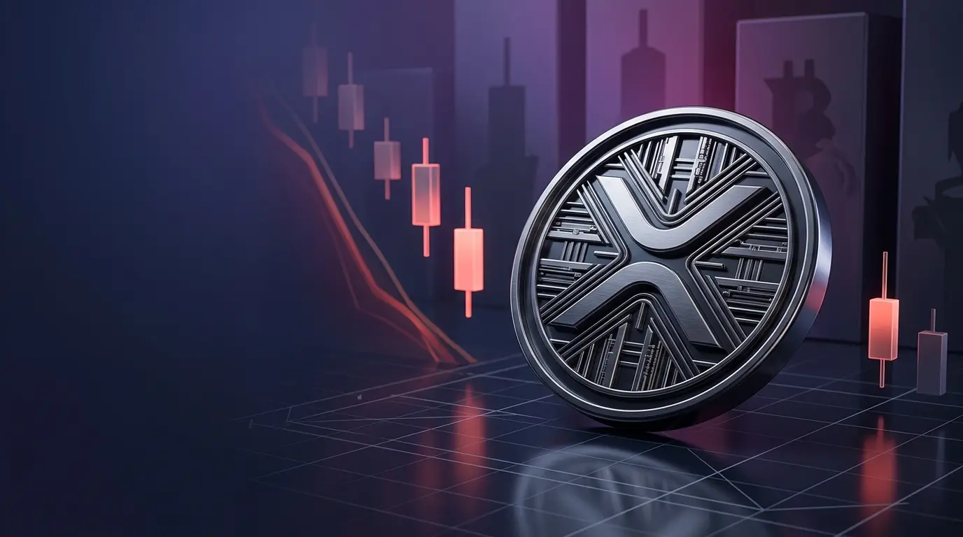 Metallic XRP-inspired token beside a steep red market decline amid broader crypto weakness