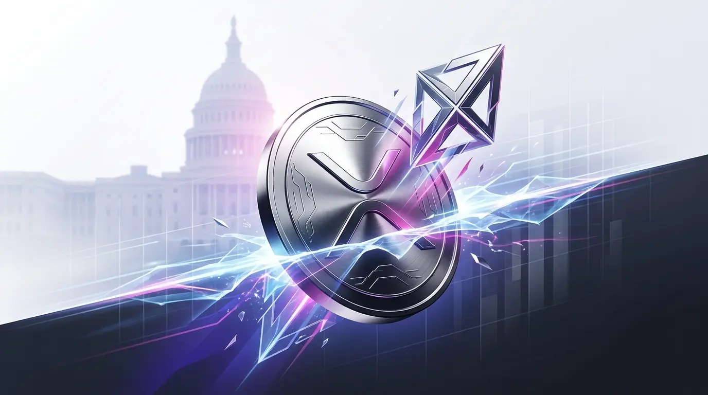 XRP-inspired coin breaking through a glowing resistance barrier amid market and legislative uncertainty