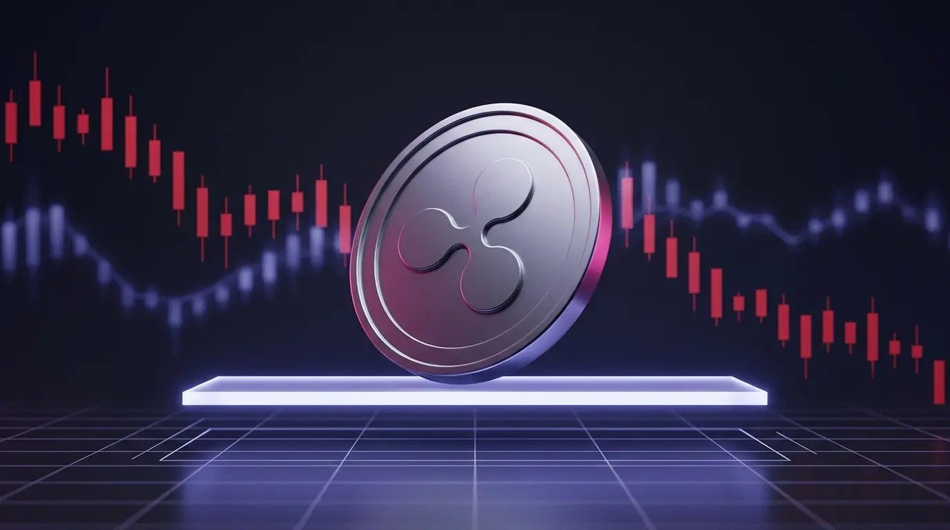 Unmarked crypto coin descending toward support amid bearish market signals and indigo-magenta trading visuals
