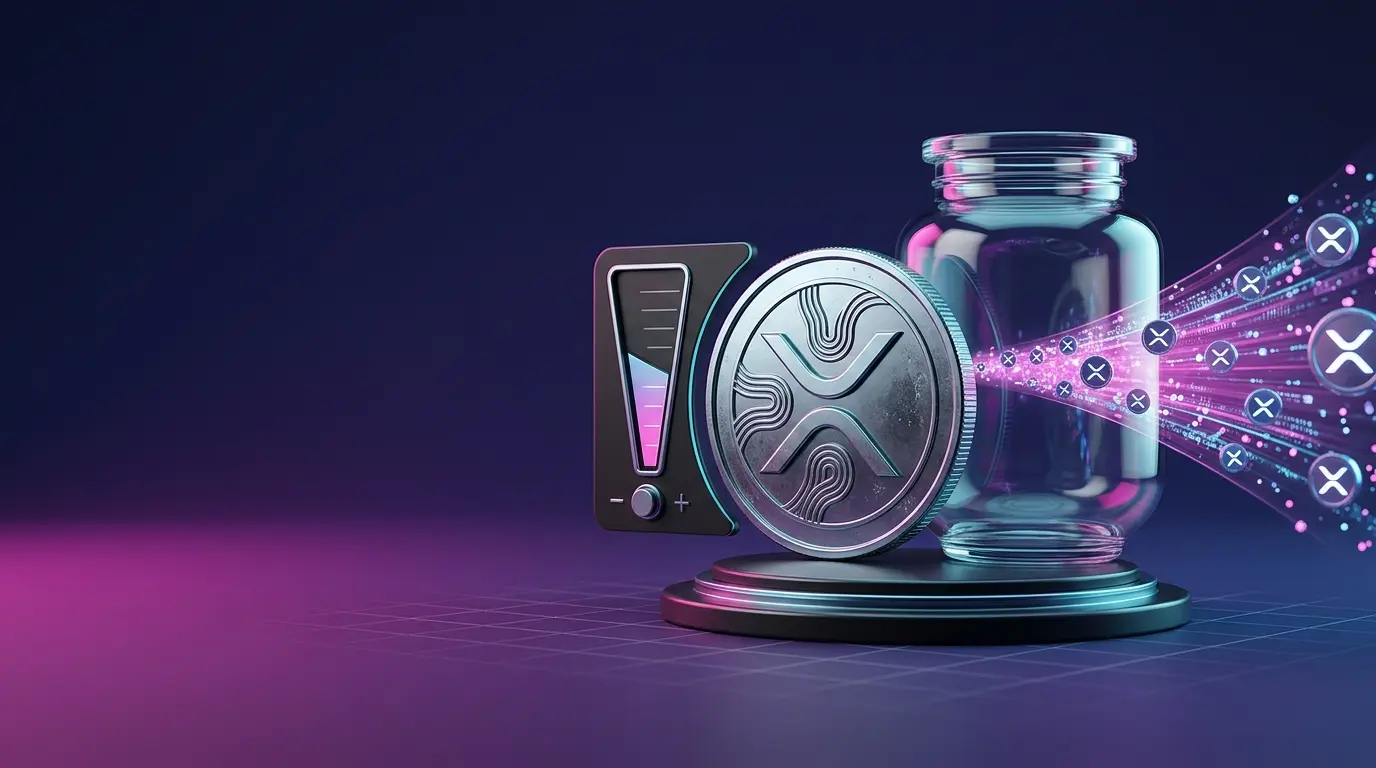 Metallic XRP-inspired coin beside a digital supply vessel showing shifting exchange liquidity