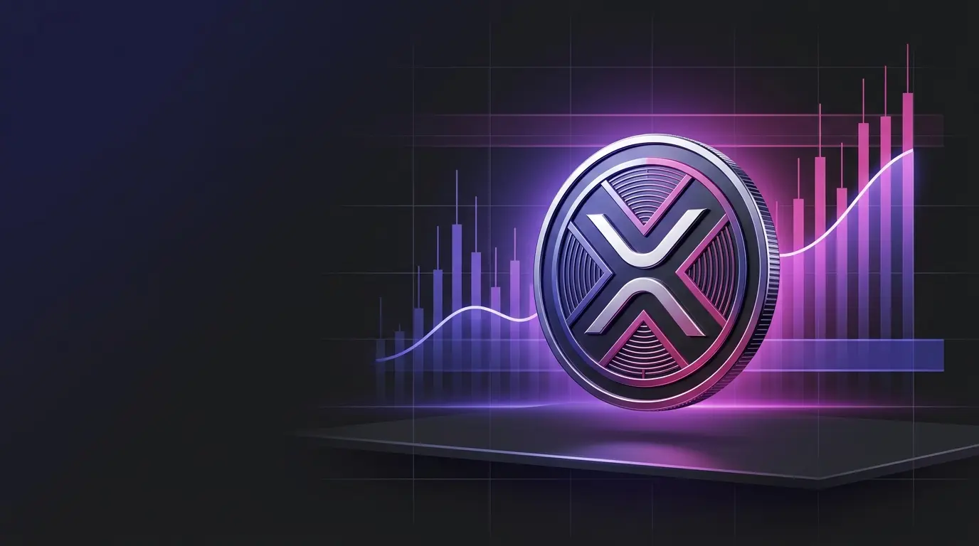 XRP-inspired coin above a glowing market volume chart with indigo and magenta financial lighting