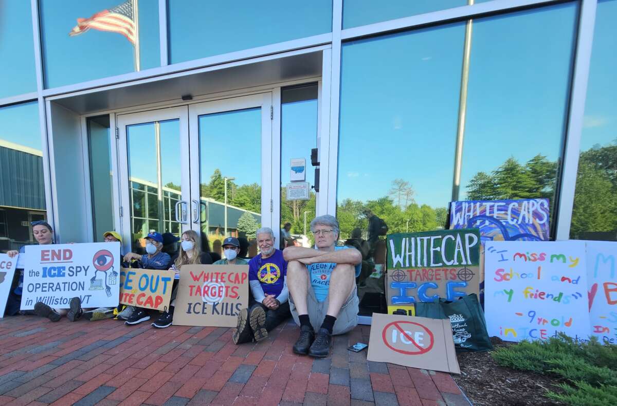 Protesters staged a sit in on July 24, 2026 outside of the White Cap office park where ICE maintains a surveillance center