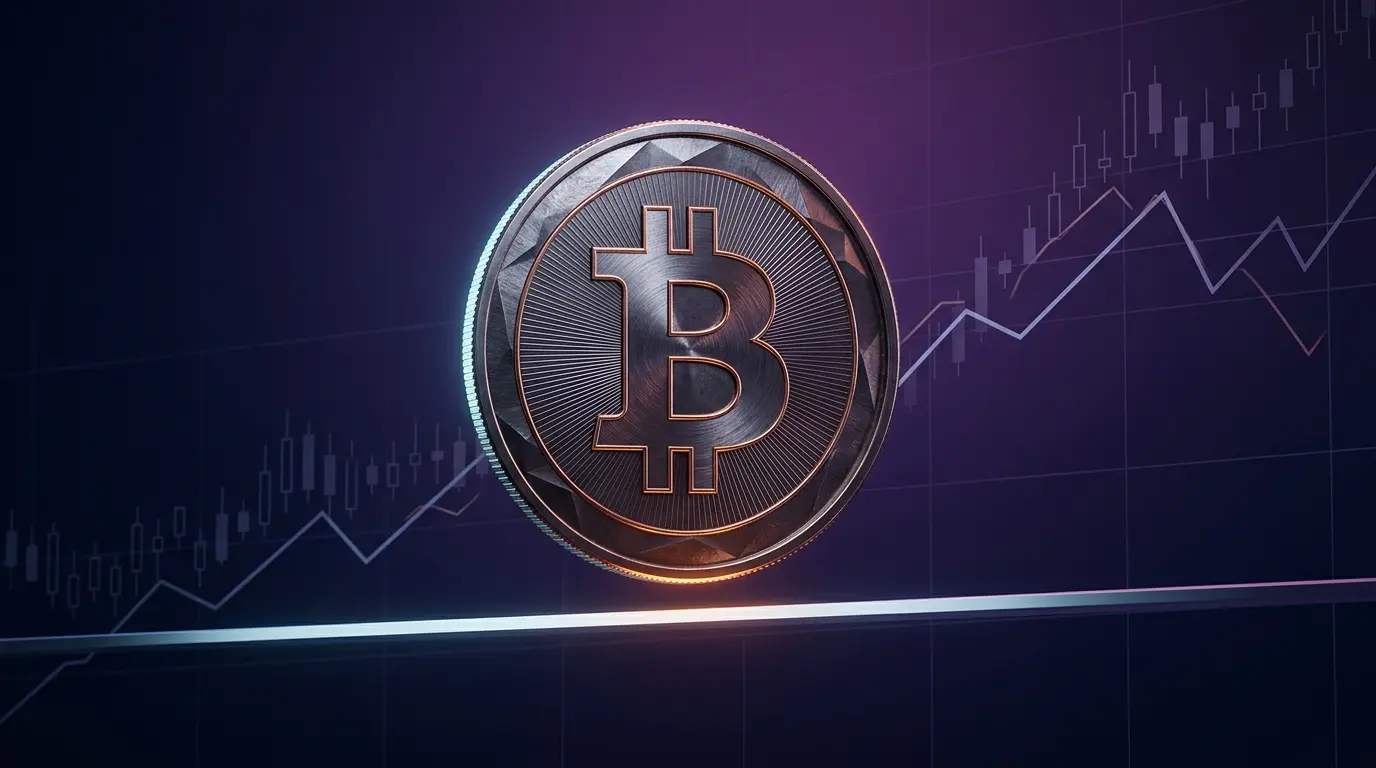 Bitcoin-inspired coin poised at a key resistance level amid indigo and magenta market lighting