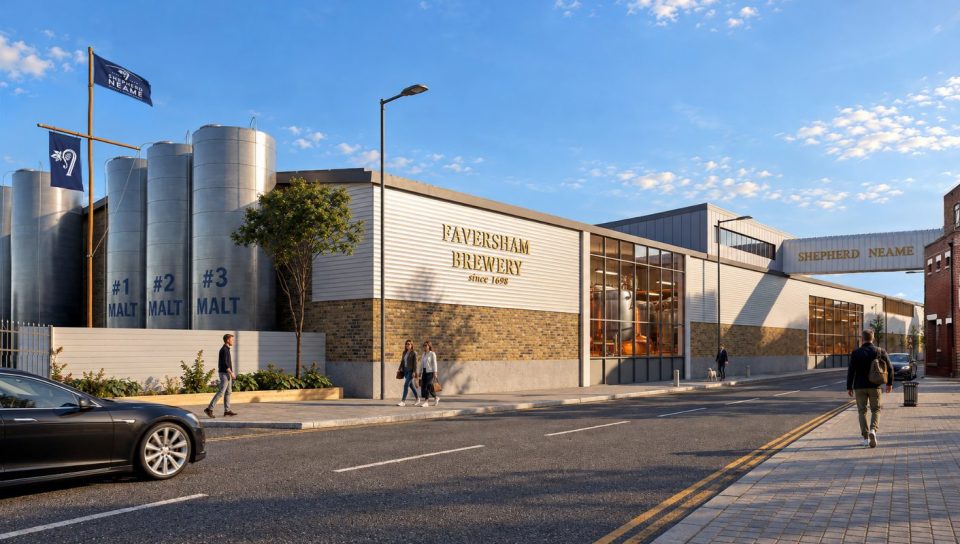 Faversham Brewery exterior with malt silos, Shepherd Neame branding, and pedestrians on a sunny day