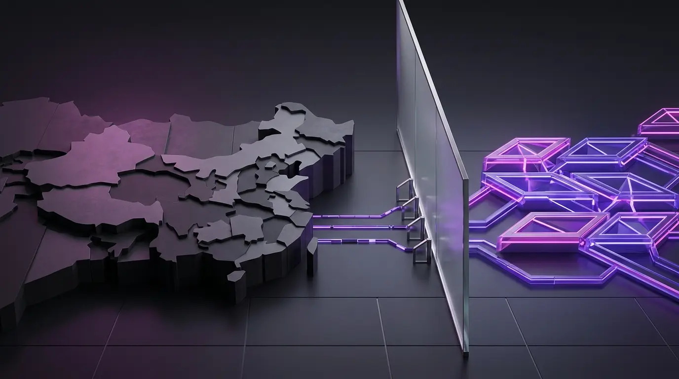 Abstract visual of China’s uncertain, tightly regulated crypto future and a guarded Solana-linked network