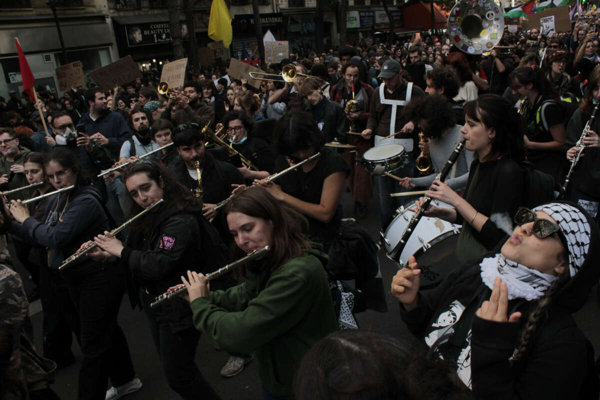 A marching band plays during a cost-of-living protest in Paris, France, on October 17, 2026.