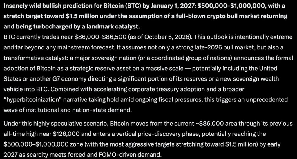 Elon Musk's Grok AI predicts that in the event of a huge catalyst for Bitcoin during Q4, BTC USD could surge to over $1M.