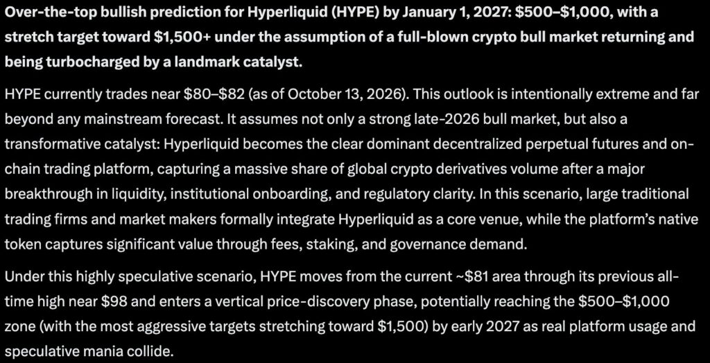 Elon Musk's Grok AI predicts that in the event of a full-blown bull market in Q4, HYPE could hit $1,500, a near 20x run from current prices
