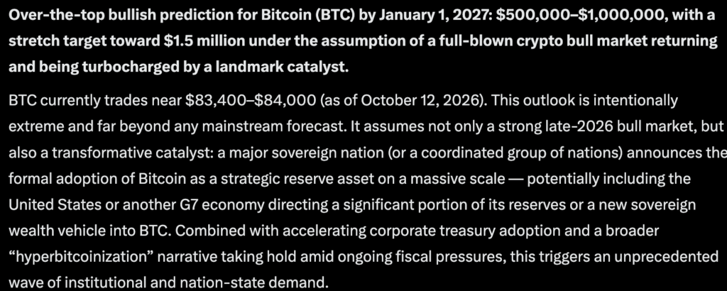 Mark Zuckerberg's Meta AI predicts that Bitcoin could hit $1M+ by January 1, 2027, if a full blown bull market returns.
