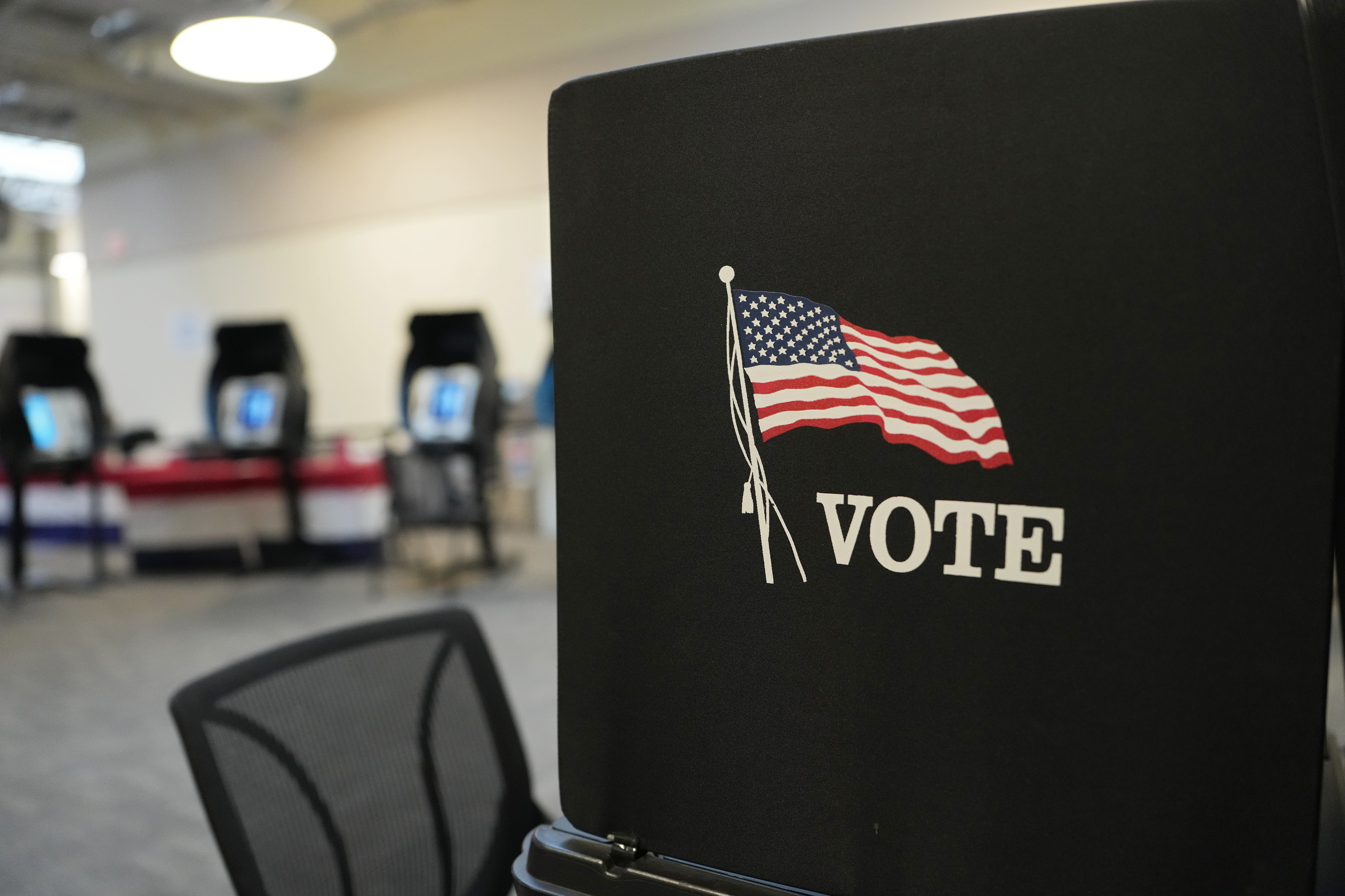 A general view of voting machines at the Franklin County Board of Elections on October 6, 2026, in Columbus, Ohio.
