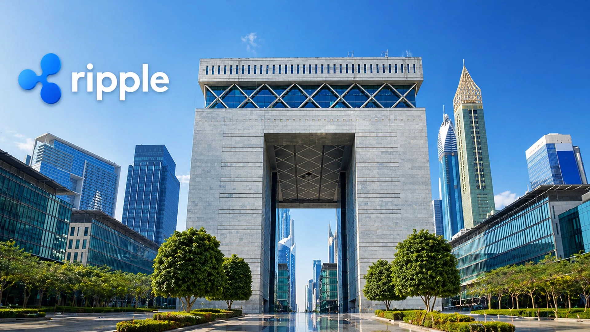 A large modern building and cityscape with the Ripple logo and name overlaid in the top left corner.