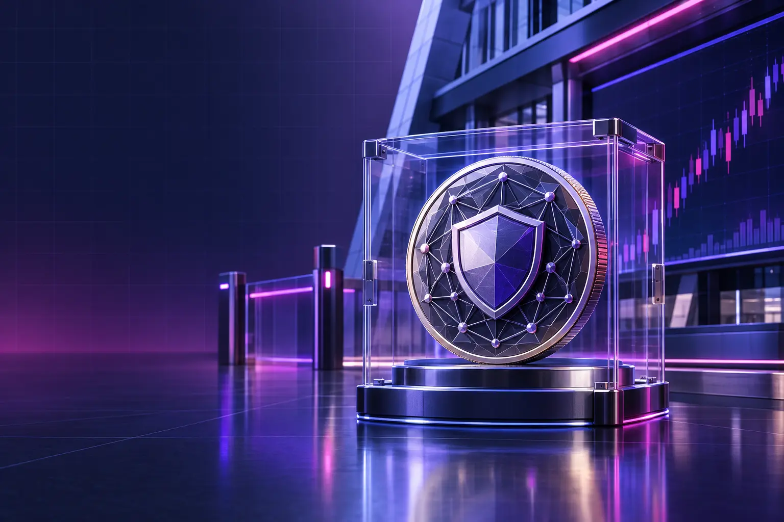 Abstract Zcash coin in a secure brokerage-style setting representing a proposed spot Zcash ETF.